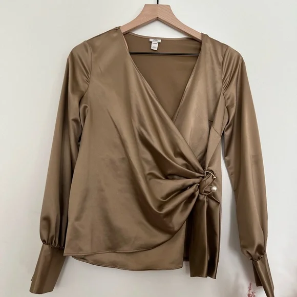 River Island Brown Satin Wrap Blouse - Women’s US Size 6 - Picture 1 of 5